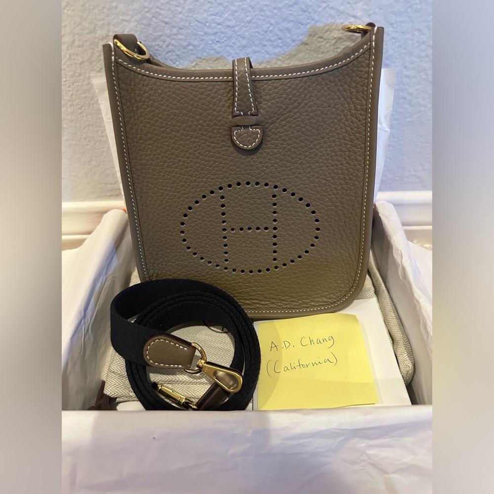 SOLD! BRAND NEW Hermes Evelyne TPM Clemence Etoupe with Gold Hardware.